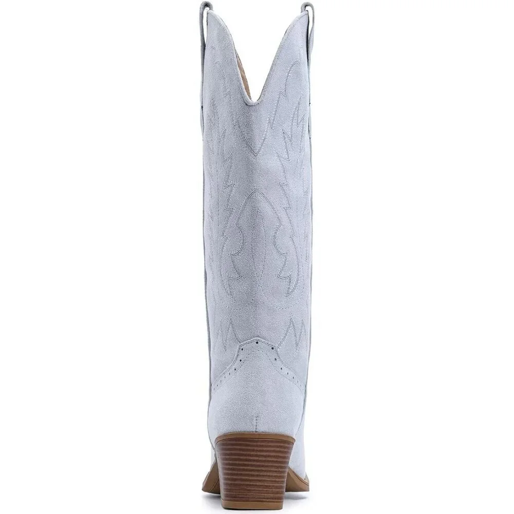 Women Blue Chunky Heel Pointed Toe Cowgirl Mid Calf Embroidery Western Boots